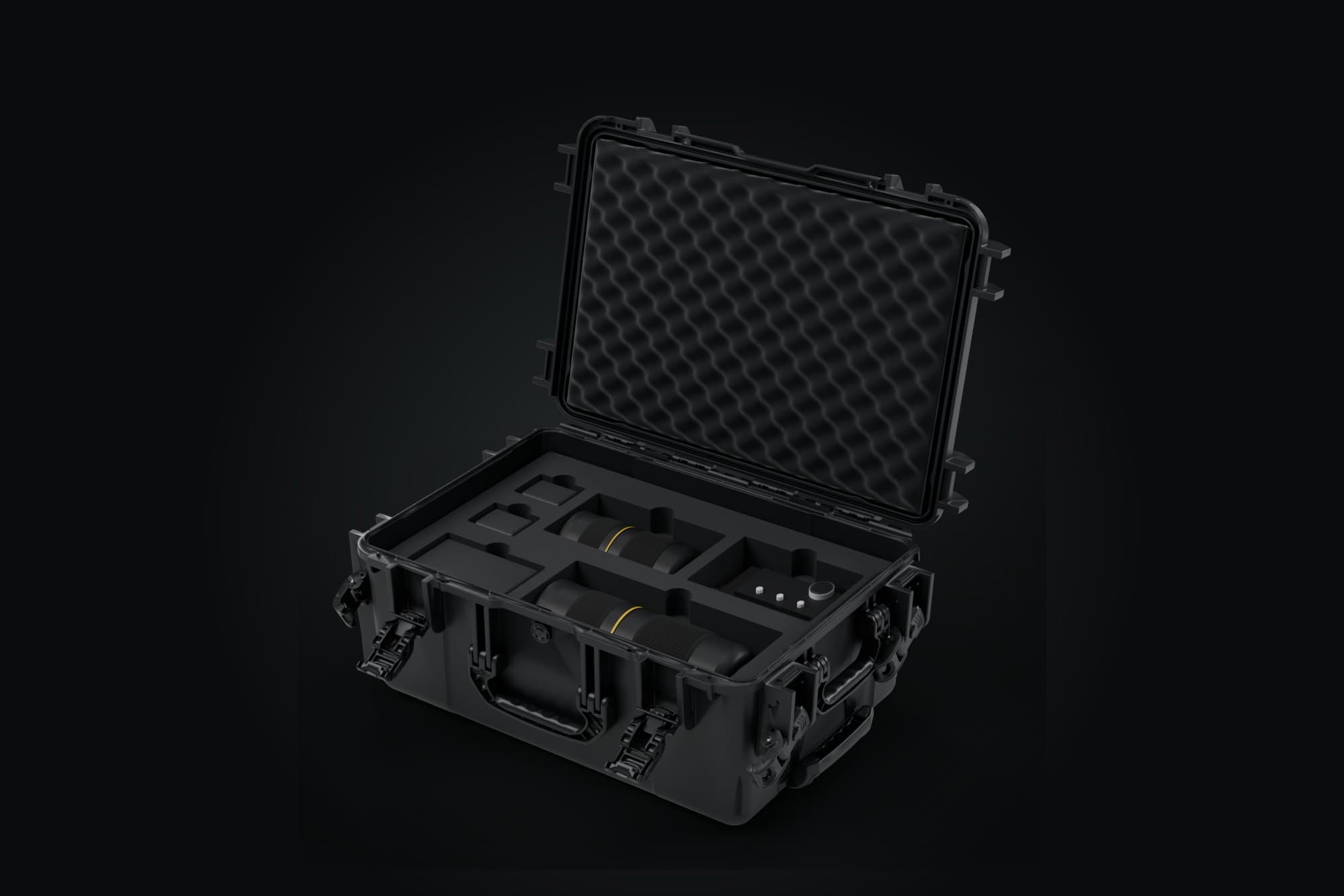 Rendu 3D : la valise M avec un boîtier debout, deux zooms f/2.8, un micro sans fil et deux batteries.
