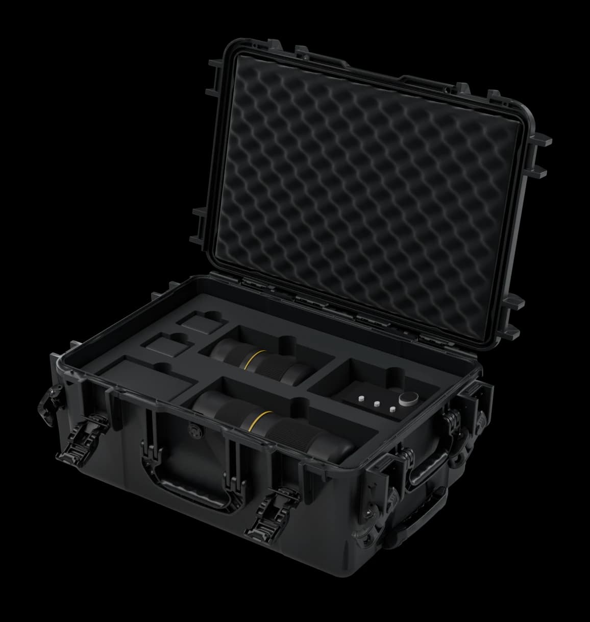 Valise M ouverte, mousse découpée avec un exemple de matériel