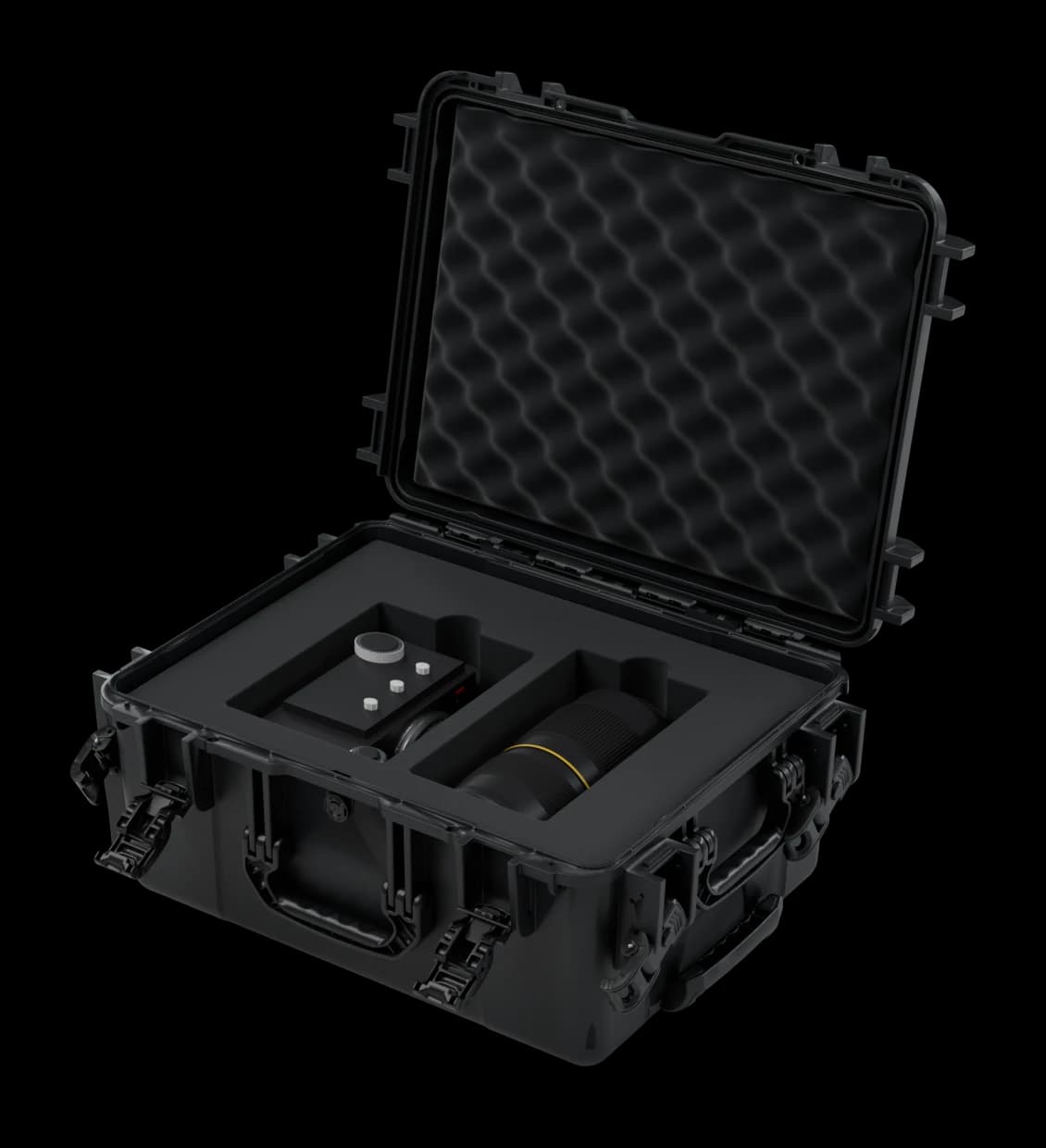 Valise S ouverte, mousse découpée avec un exemple de matériel