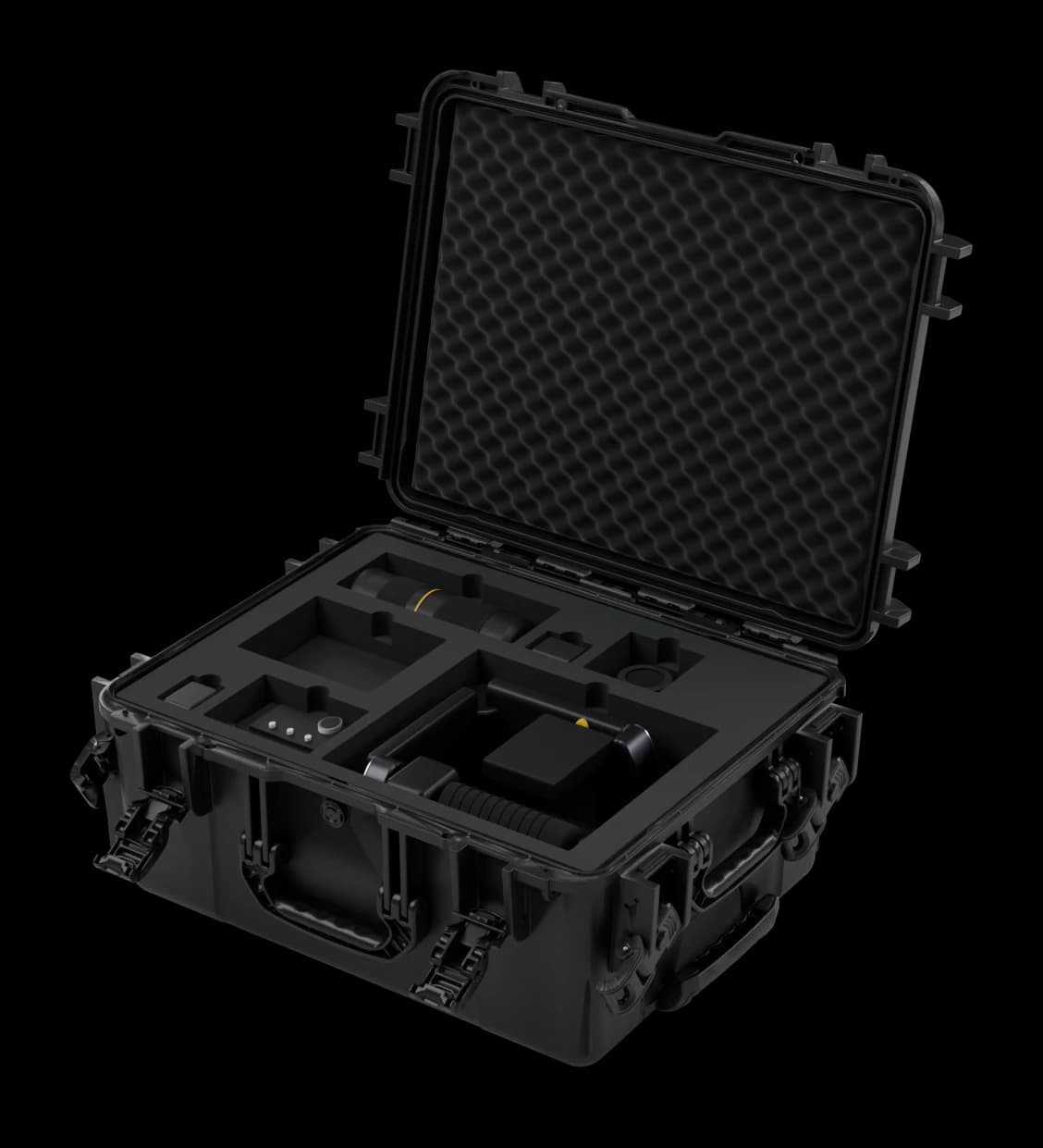 Valise XL ouverte, mousse découpée avec un exemple de matériel