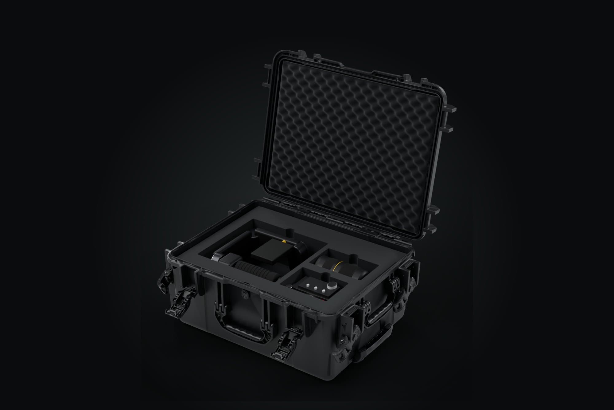 Rendu 3D : la valise L avec un hybride debout, un stabilisateur et un zoom.